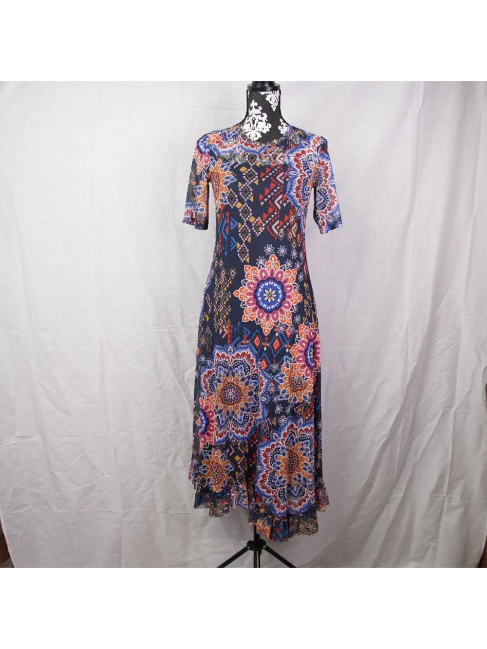 Johnny Was Jade Mesh Elbow Sleeve Asymmetric Hem Dress Padma Size Small W/ Slip